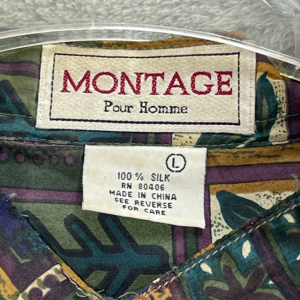 Montage Shirt Men's Large Multicolor Printed Silk Casual Long Sleeve Button Up - Picture 4 of 9
